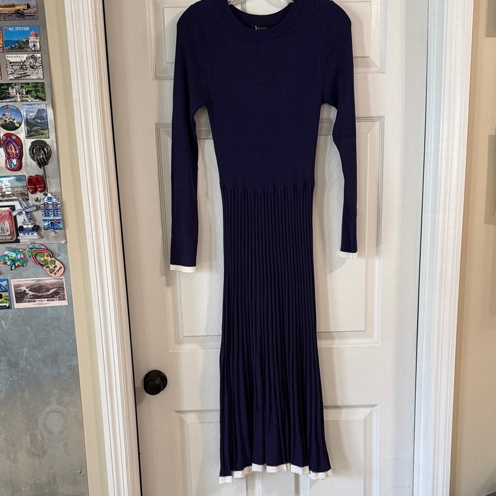 Elegant Navy Long Sleeve Sweater Dress with White Accents